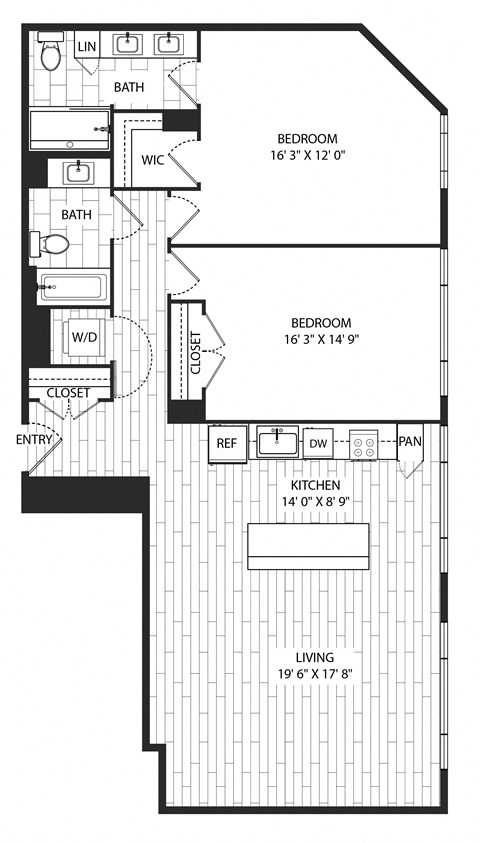 Floor plan for 2 beds, 2 baths, 1334 sqft